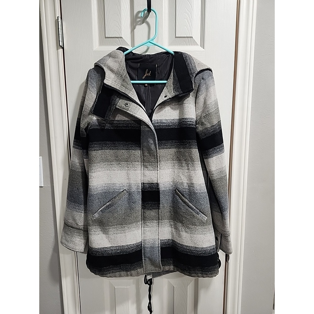 Jack by BB Dakota Hooded Plaid Wool Blend Jacketβ Gray Black Lined M